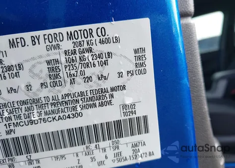 2012 Ford Escape Xlt из США, поврежденный, VIN 1FMCU9D76CKA04300